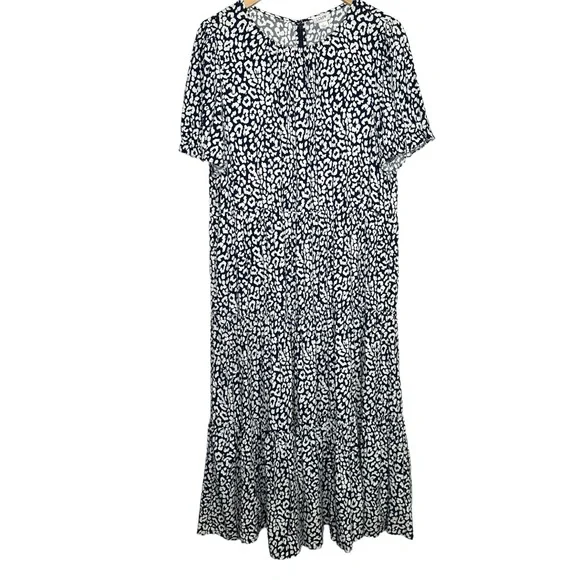 J Crew Factory Cotton Navy White Print Tiered Puff Sleeve Pocket MIDI Dress - Picture 3 of 12